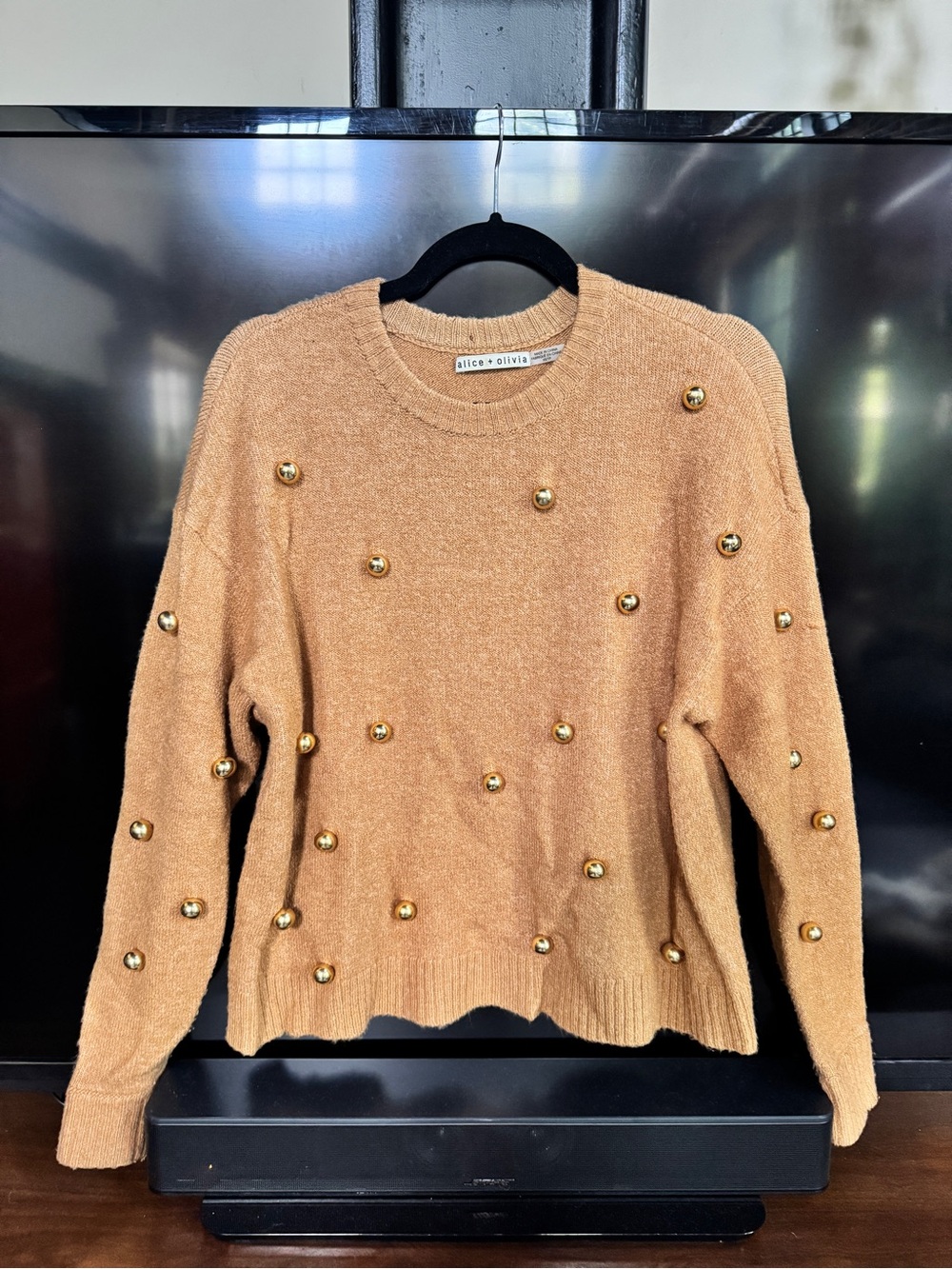 Alice + Olivia Camel Crewneck Sweater with Gold Accent Studs